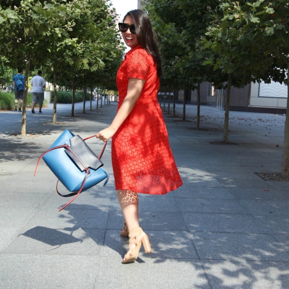 ANN TAYLOR| Orange Eyelet Overlay Shirtdress